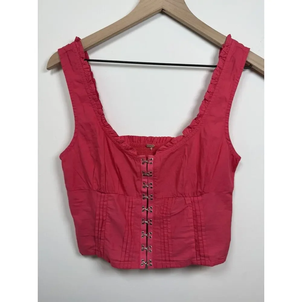 Free People Amelia Pink Corset Top Blouse Large Boho Beach Lagenlook Summer Crop